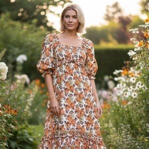 Anthropologie Orange and Cream Floral Midi Dress